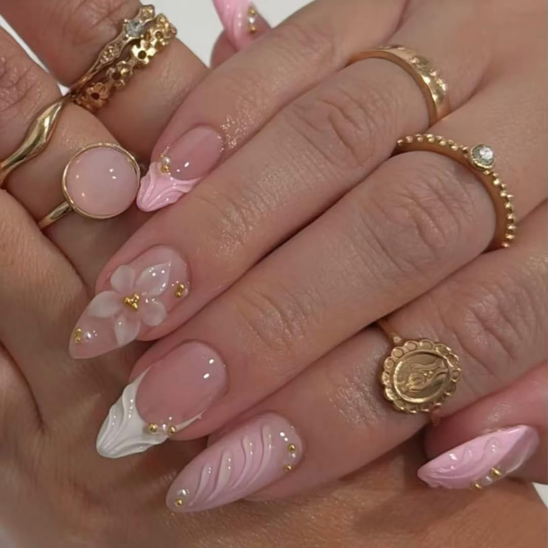 Handmade French Tip Press on Nail Almond Fake ons with Designs Chrome False Nails Long Glossy Full Cover Glue on Nails Stick Women Nails Manicure Decoration 10Pcs (MT-169-M)