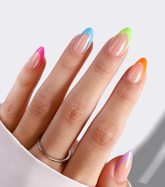 Summer Press On Nails Short Almond - GJZEZ Soft Gel Glossy Rainbow French Tip Fake Nail Press Ons Gifts for Women, Salon Quality Neon Colorful Reusable Faux Nail | 16 Sizes - 32 Reusable, Vivid Candy