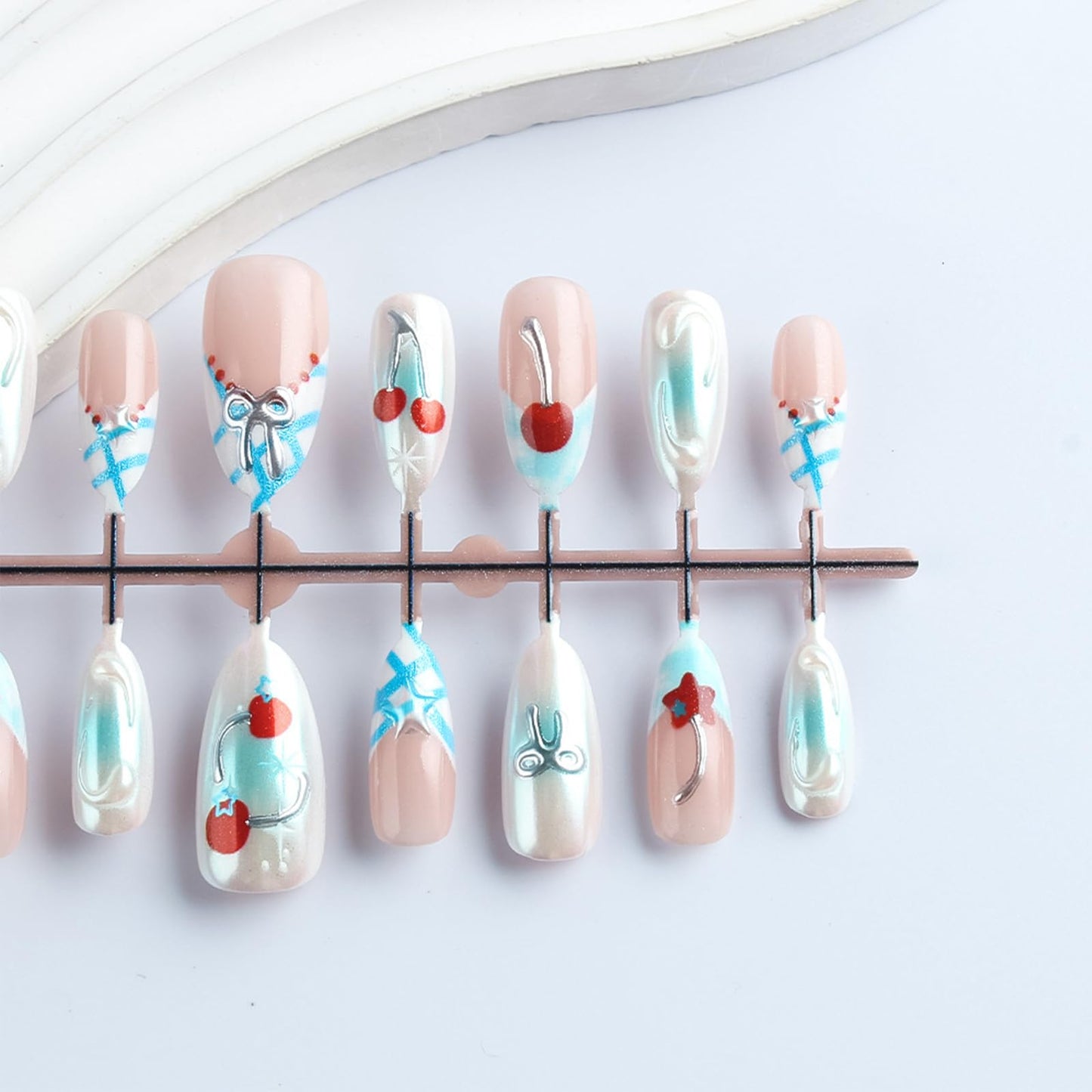 3D Bow Tie Press on Nails Cherry Gel Glue on Nail Red Stars Acrylic Fake Nail Glossy Blue Glitter French Tips Stick on Fingernails Valentines Almond Medium False Nails 30Pcs for Women Valentine's Gift
