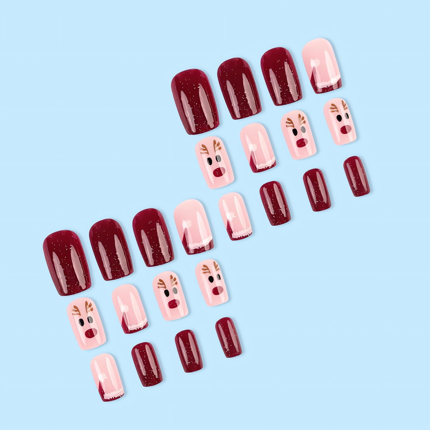 Short Square Press on Nails Christmas Fake Nails Red French Tip Santa Hat Glue on Nails with Elk Designs Acrylic Gel Nails Kit Red Artificial Nails Christmas False Nails 24Pcs for Women Nail Art