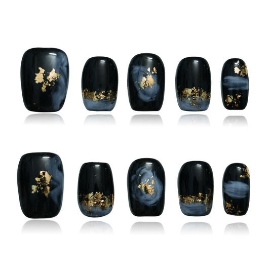 Tesytto Short Coffin Press on Nails - Handmade Black Fake Nails with Blue Ombre Glitter Gold Foil Design, High Gloss Acrylic Nails for Women, Party, Daily Wear (Playful Doodle,L)