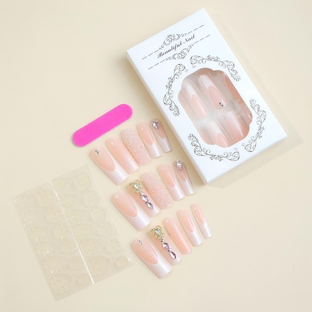 Rchovsam Long Press on Nails Square French Tip Nails Press Ons Pink Love Diamond Designs Fake Nails French White Acrylic Full Cover Gel False Nails Gift for Women 24pcs