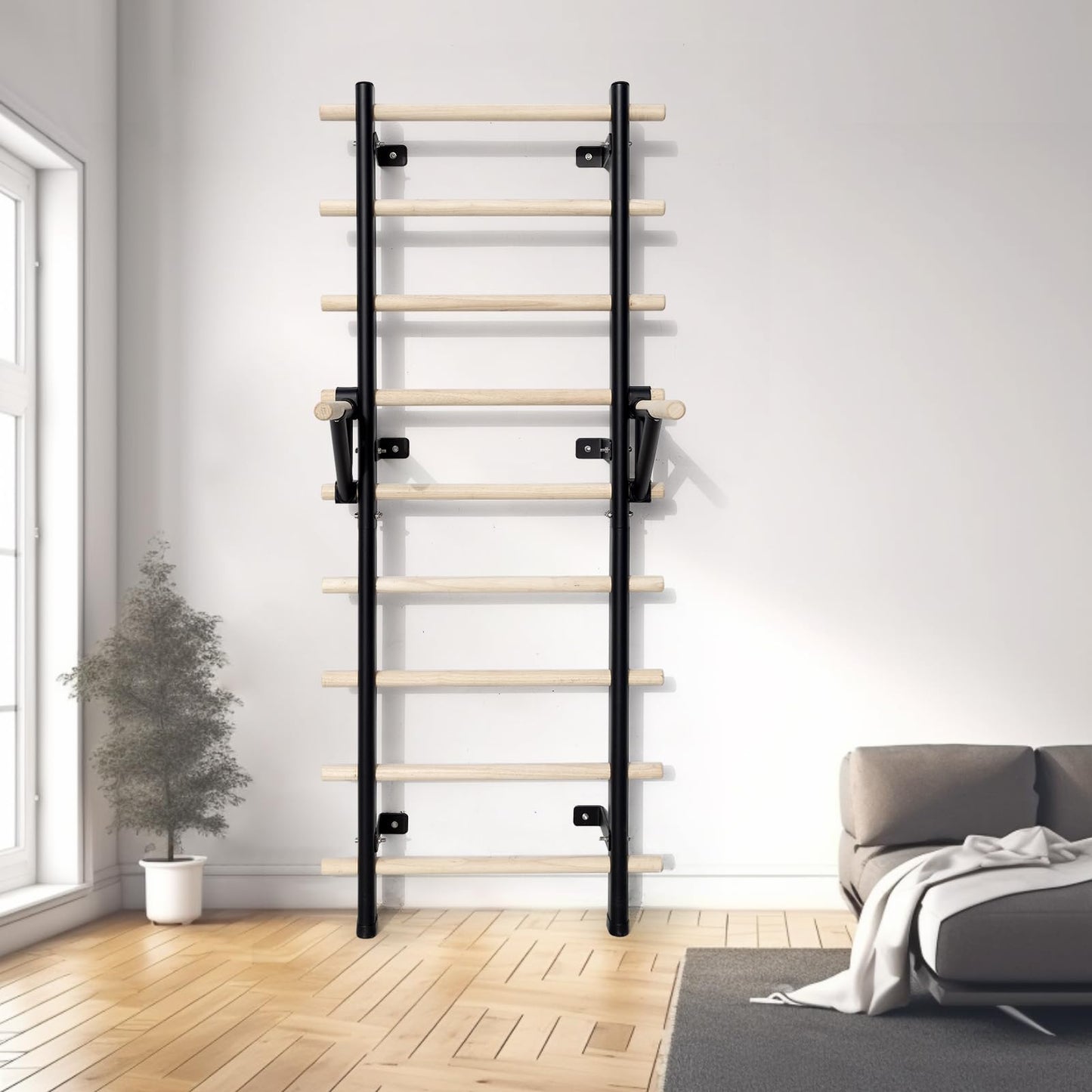 RIOWLAU Swedish Ladder Dip Bar Attachment, Fits TS003A Ladder, Wood Stall Bar for School, Physical Therapy and Gymnastics, Multi-grip (Black, 20"L x 2""W x 11""H)"