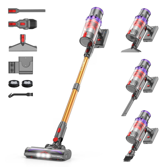 Coovy SU7 Cordless Vacuum Cleaner 580W 50Kpa 80 Minutes Runtime Stick Vacuum with Touch Screen Anti-Tangle Wireless Powerful Lightweight LED Vac for Home Pet Hair Carpet Hardwood, Gold