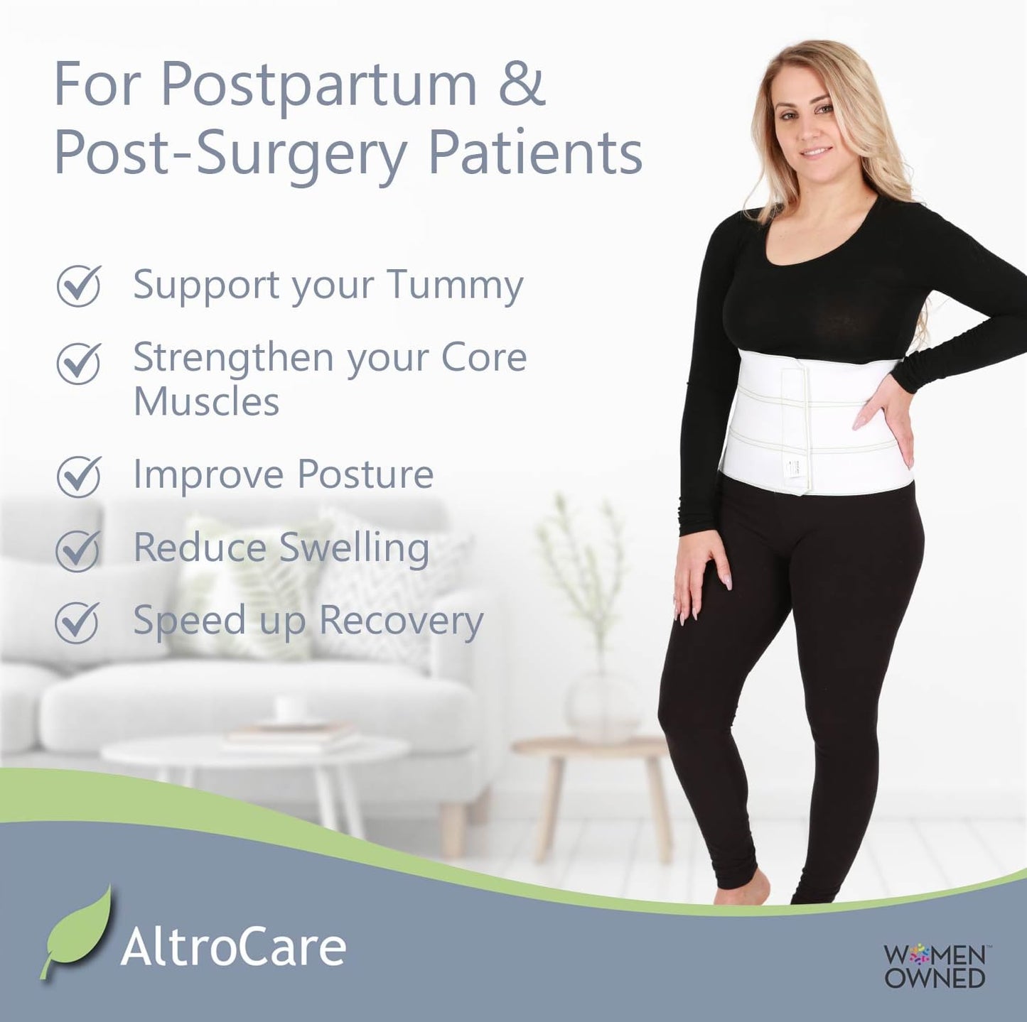 AltroCare Postpartum & Post Surgery Abdominal Binder. 3-Panel belly band for recovery after childbirth, hysterectomy, tummy tuck, hernia, diastasis recti. Size L/XL (45" to 60""). Made in USA."