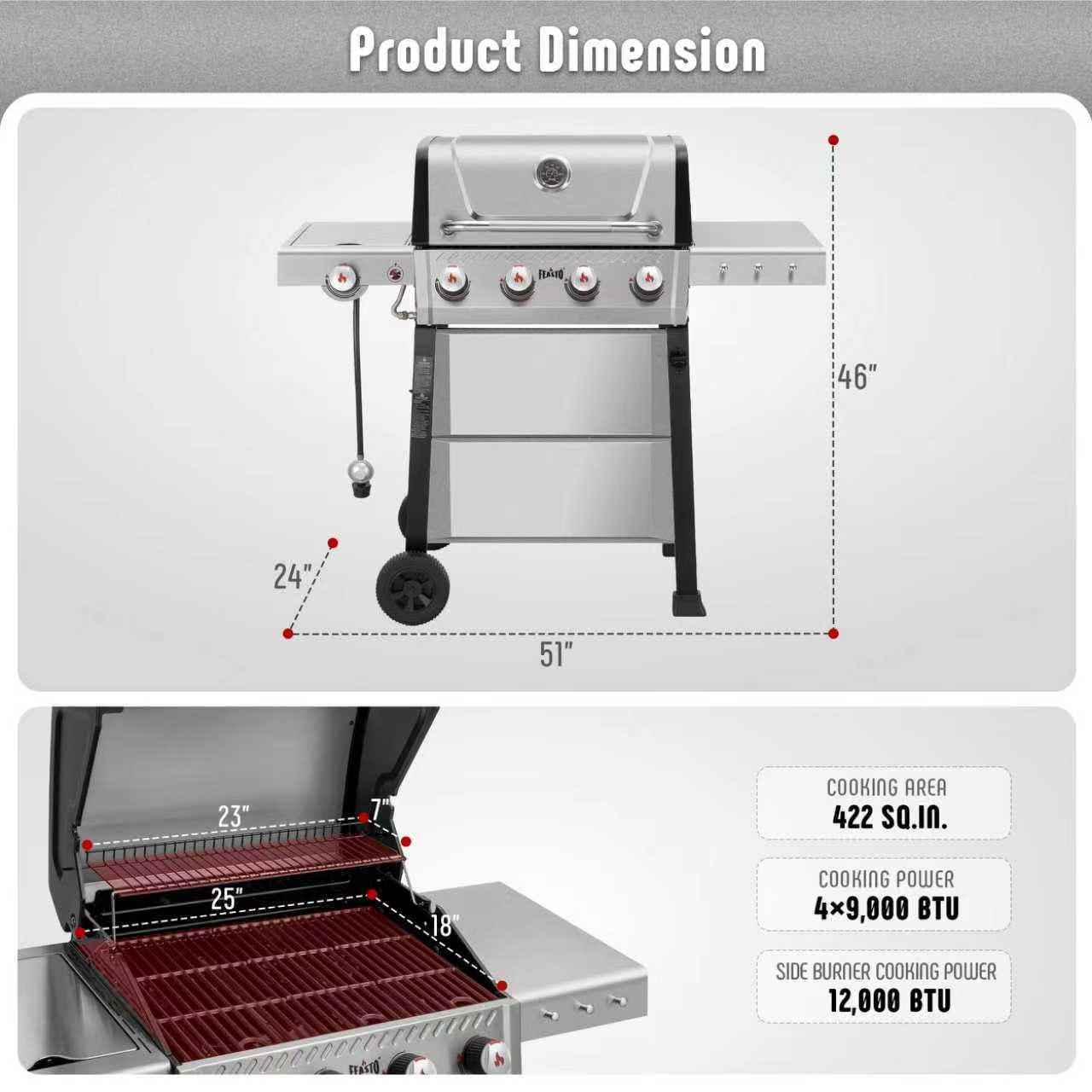 Feasto All Stainless Steel 4+1 Burner Gas BBQ Grill, Outdoor Propane Grill with Premium Enameled Coated Chamber Body & Porcelain-Enameled Cast lron Grates, 48,000 BTU