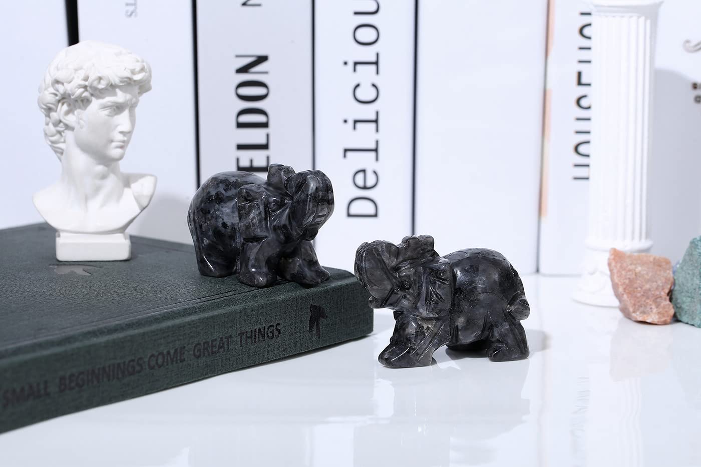 2" Black Labradorite Elephant Decor Cute Polished Natural Stone Hand Carved Pink Healing Crystal Sculpture Statue Figurines Gemstone Hippie Home Room Office Desk Decoration Gifts for Women Men