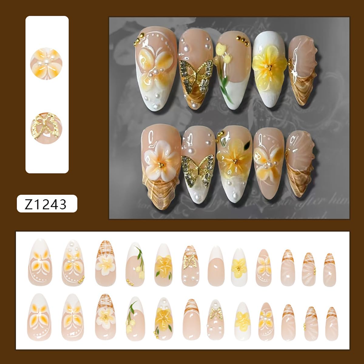 Press on Nails Almond Medium Length 3D Fake Nails with Butterfly Charms Designs Embossed Flower False Nails French Tip Nails Press ons Acrylic Summer Stick on Nails for Women French Manicure 24PCS