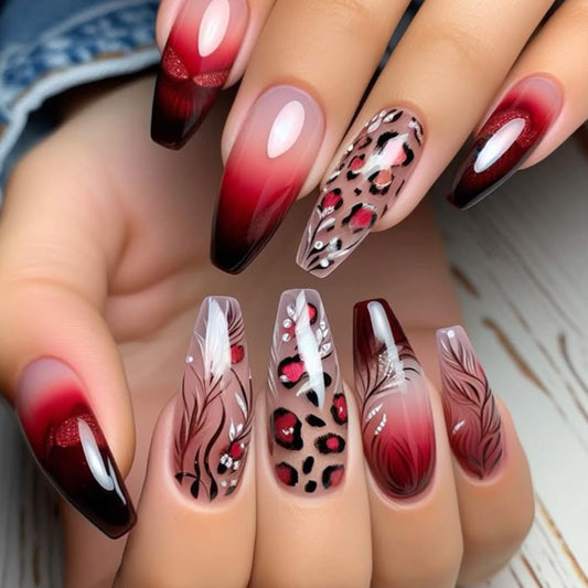 Leopard Print Press on Nails Red Black Gradient Fake Nails Ballerina Square Acrylic False Nails Plant Lines Glossy Reusable Stick on Nail for Women DIY Manicure Decoration 24 Pcs