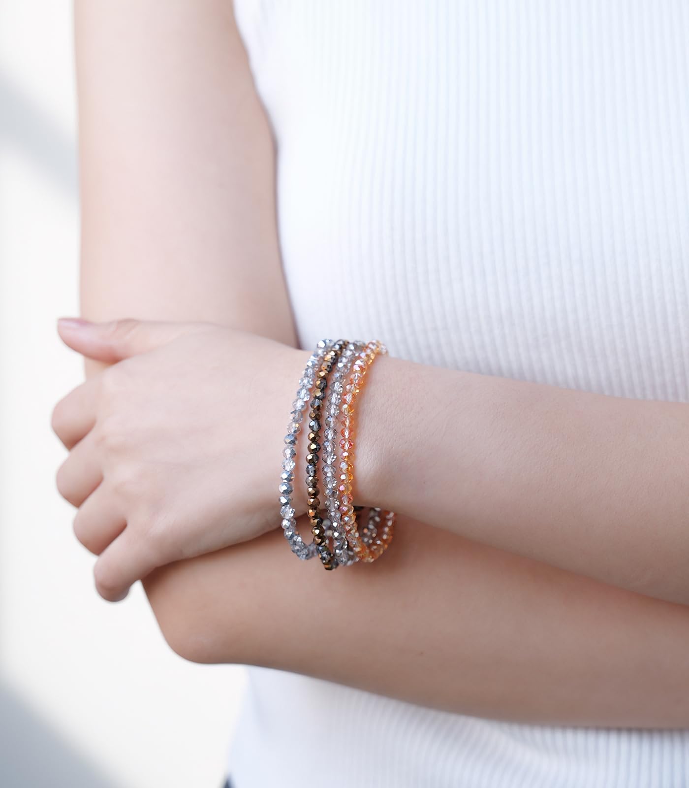 Noessla Beaded Boho Stretch Bracelet Colorful Stackable Crystal Beads Bracelets Trendy Costume Jewelry Mothers Day Gifts for Women(Champagne)