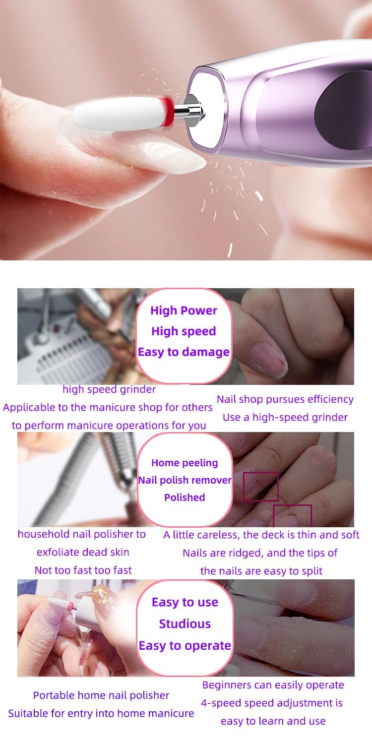 Electric Nail Drill, Electric Nail File Cordless, Electric Nail File Set, 4 Speeds Adjustable Hand Foot Care Manicure Pedicure Drill Tool,Gel Nail File Drill kit for Acrylic Gel Dip Powder Nails