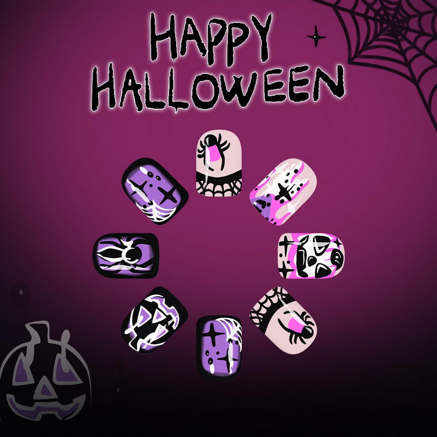 24pcs Halloween Press on Nails Short Square Fake Nails with Pumpkin Spider Web designs Acrylic Nail Pink Purple Press ones Glossy Full Cover Spooky Party Nail Accessories for Women Girls Finger