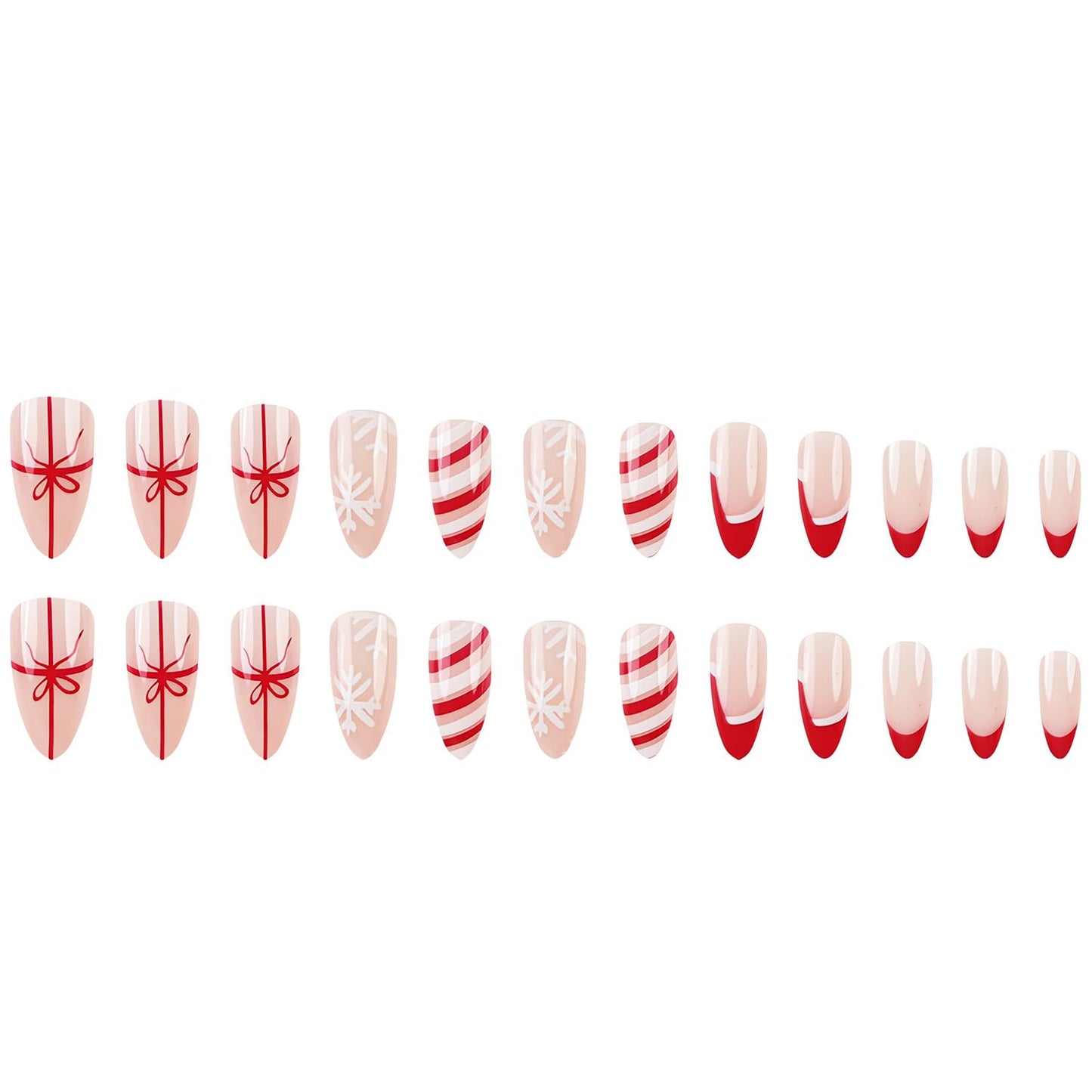 Medium Christmas Press on Nails Almond Shape Fake Nails Red Christmas Hat False Nails French Tip Designs Acrylic Glue on Nail Glossy Full Cover Snowflake Bow Stick on Nails for Women Nail Art 24Pcs