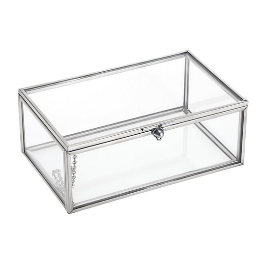 Hipiwe Vintage Glass Keepsake Box Rectangle Jewelry Display Organizer Lidded Box Home Decor Accent Decorative Box for Storage Trinket Rings Bracelet, Silver, Small