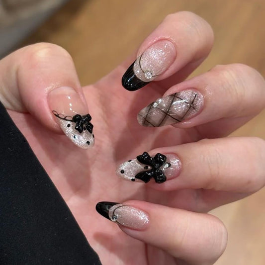 Black Press on Nails Medium Almond Fake Nails Cute Nails Press ons with Polka Dots,Black Bows,Plaid Design Glitter Reusable Artificial Nail Full Cover Glue on Nails for Women Manicure 24Pcs