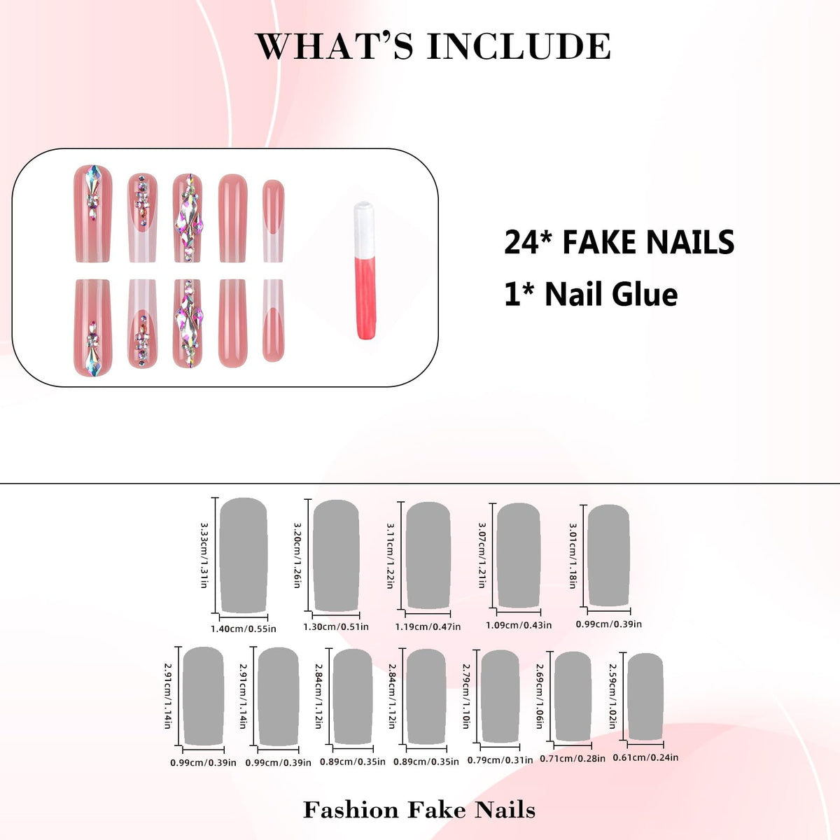 IMRAIN Long Square Press on Nails White French Tips Fake Nails with Rhinestone Designs Glossy Nude Glue on Nails Acrylic Squoval False Nails Full Cover Acrylic Artificial Nail Supplies 24Pcs