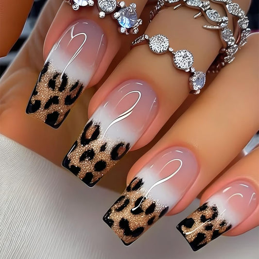 French Tip Leopard Print Press on nails Medium Square with Gradient Design Leopard Print Artificial Fake Nails Full Cover for Women Manicure 24 Pcs