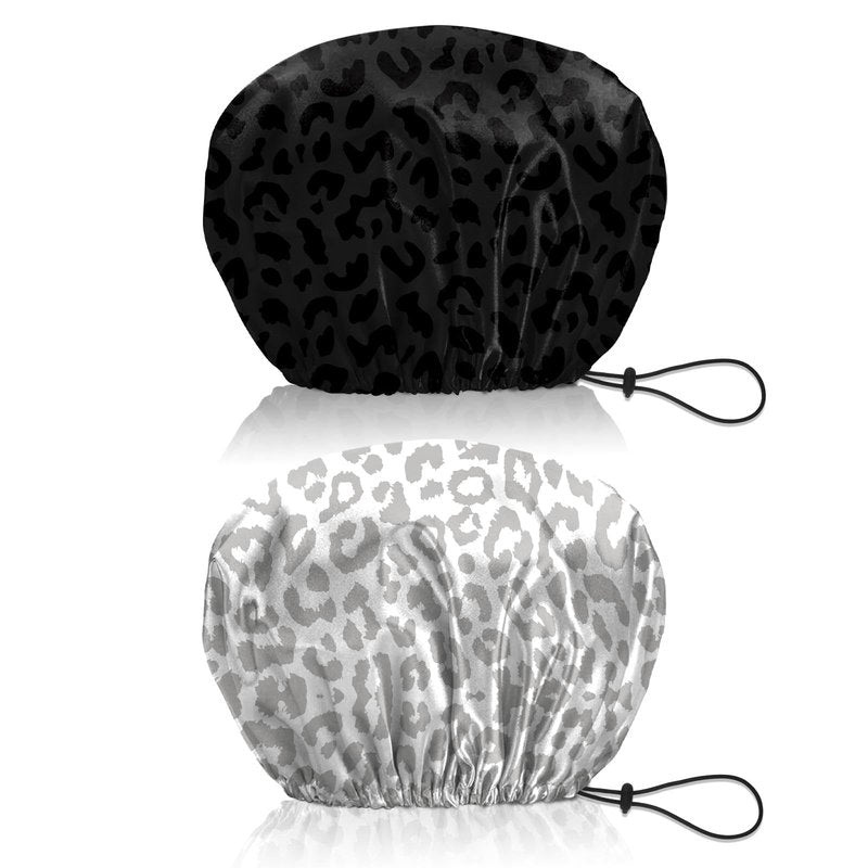 BHAHB 2 PCS Shower Cap Reusable Waterproof Double Layer Elastic Adjustable Hair Bath Caps Cute Aesthetic for Women Girls-Black White Leopard