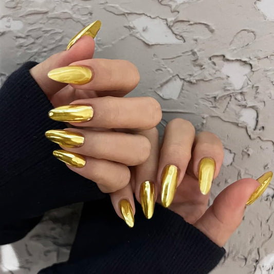 Golden Aurora Chrome Press on Nails Medium Almond Fake Nails Electroplated Chrome False Nails Yellow Luxurious Metal Mirror Acrylic Stick on for Women Girls Manicure Decoration 24Pcs