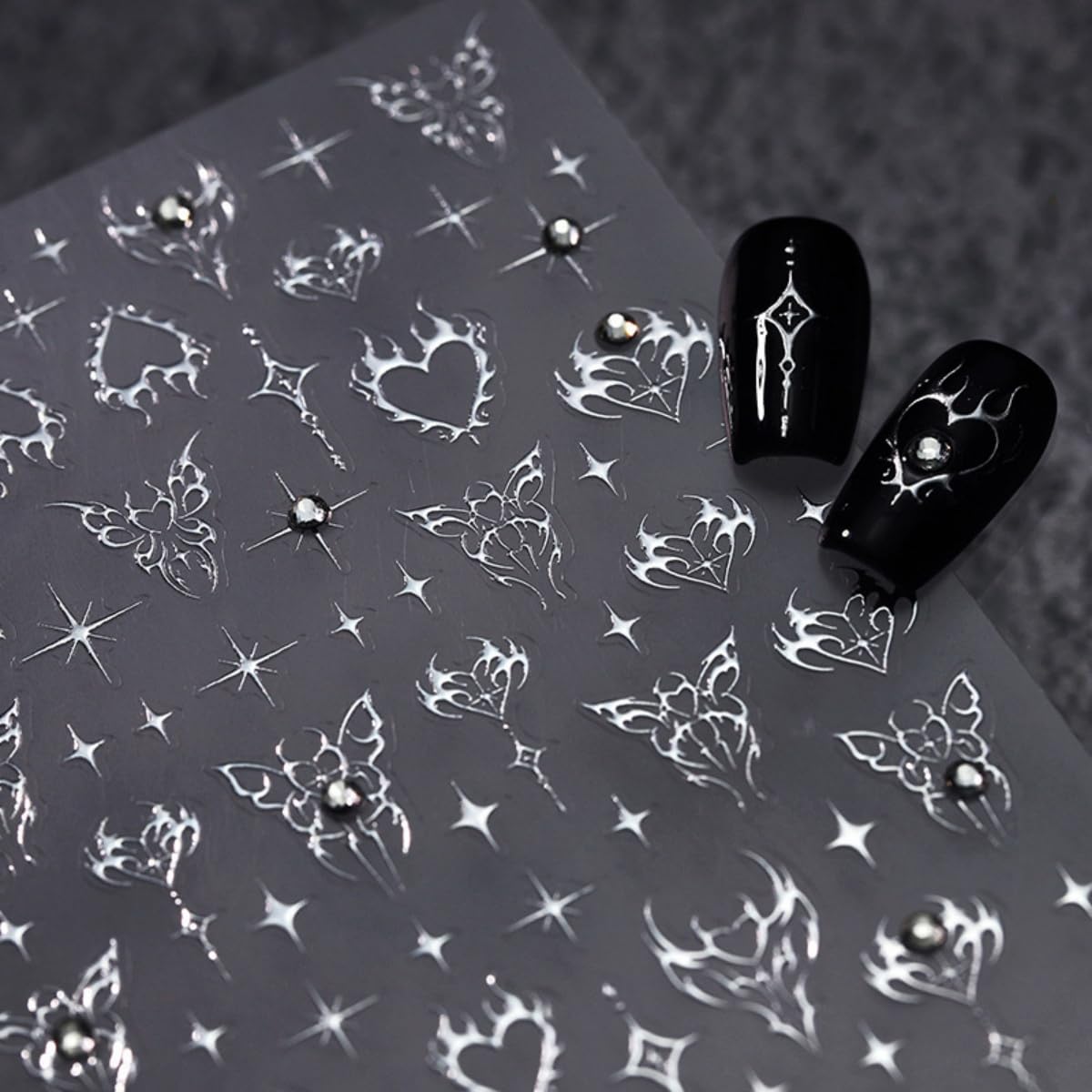5D Embossed Nail Sticker Sliver Butterfly Star Heart Nail Art Sticker Self Adhesive Nail Decals Bling Rhinestones Nail Art for Women Manicure Supplies Nails Art Decorations