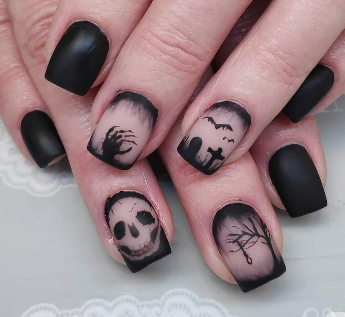 Halloween Press on Nail Short Square Fake Nails Black with Skull Plam design Horror Press ones False Nails Full Cover Matte Stick Glue on Nails Reusable Halloween Nail Accessories for Women Party24pcs