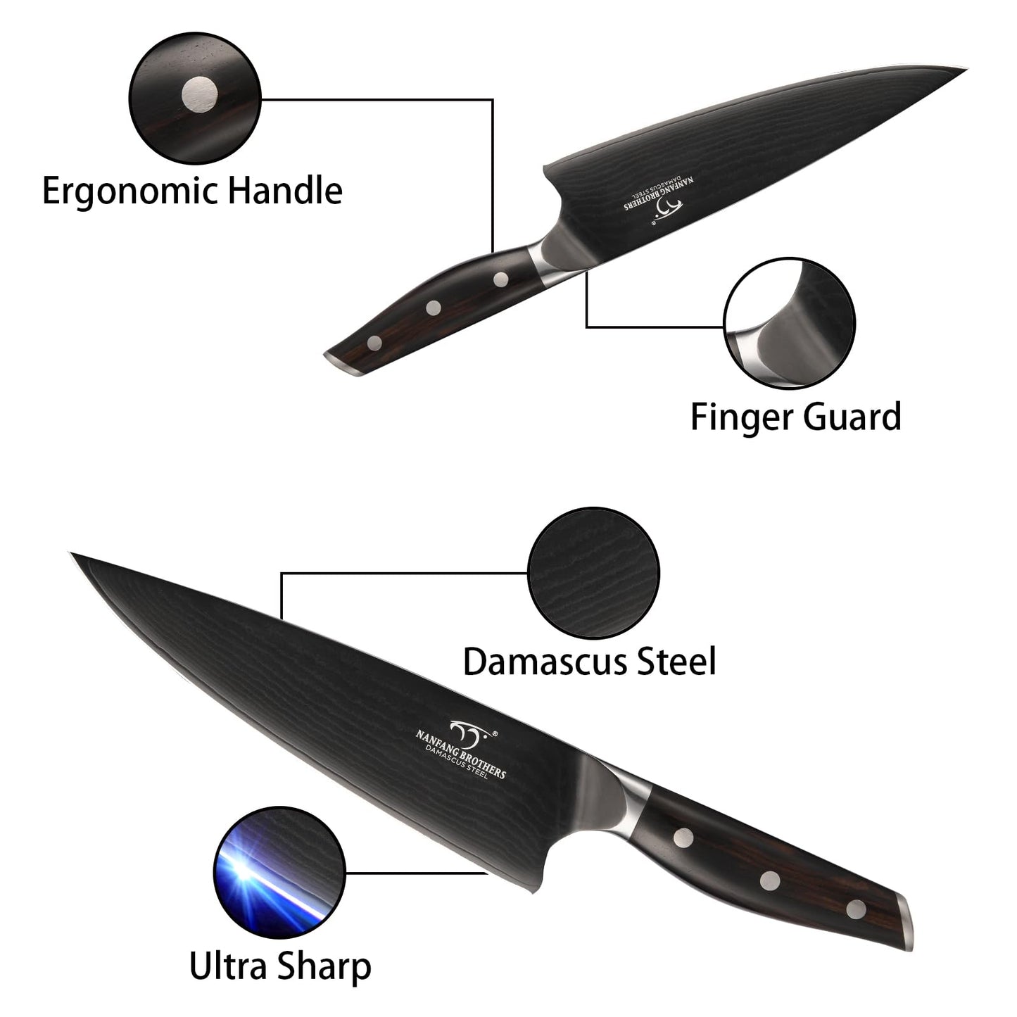 7-Piece Damascus Knife Set with VG10 Core Blades, 67-Layer Damascus Steel, Black Titanium Coated Kitchen Knives for Polished Ebony Wood Handle for a Comfortable, Ultra Sharp Chef Knife Set