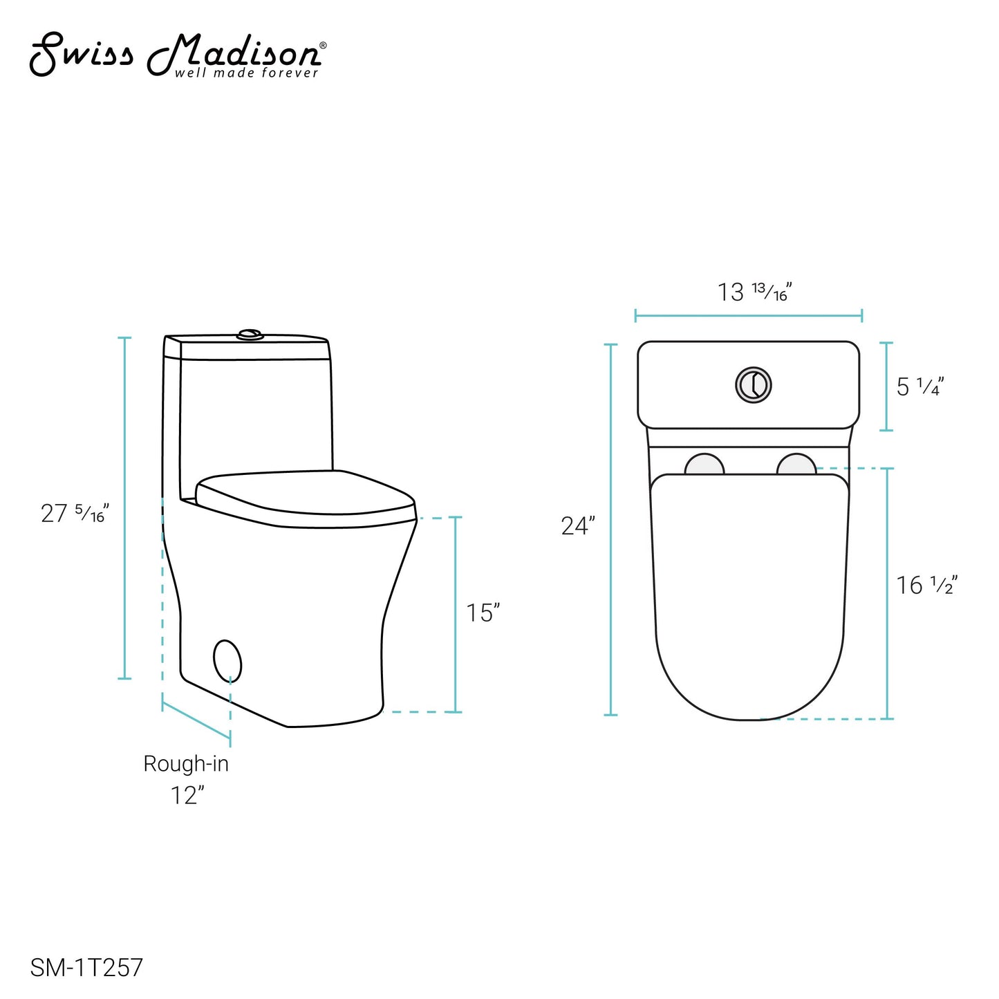 Swiss Madison SM-1T257 Sublime II Compact 24" Length One Piece Toilet Dual Flush 1.1/1.6 GPF with Side Holes, Glossy White