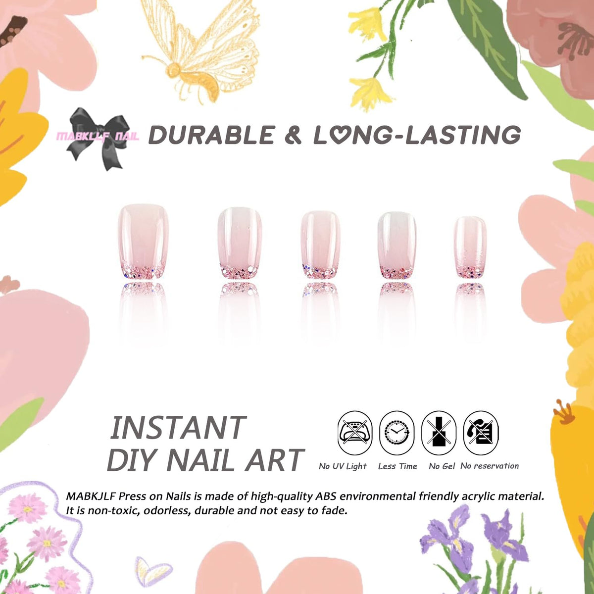 Pink French Tip Press on Nails Short Coffin OFDNE Petite Fake Nails False Nails with Designs Glitter Full Cover Glossy Glue on Nails French Manicure Acrylic Nails for Women Girls 24Pcs