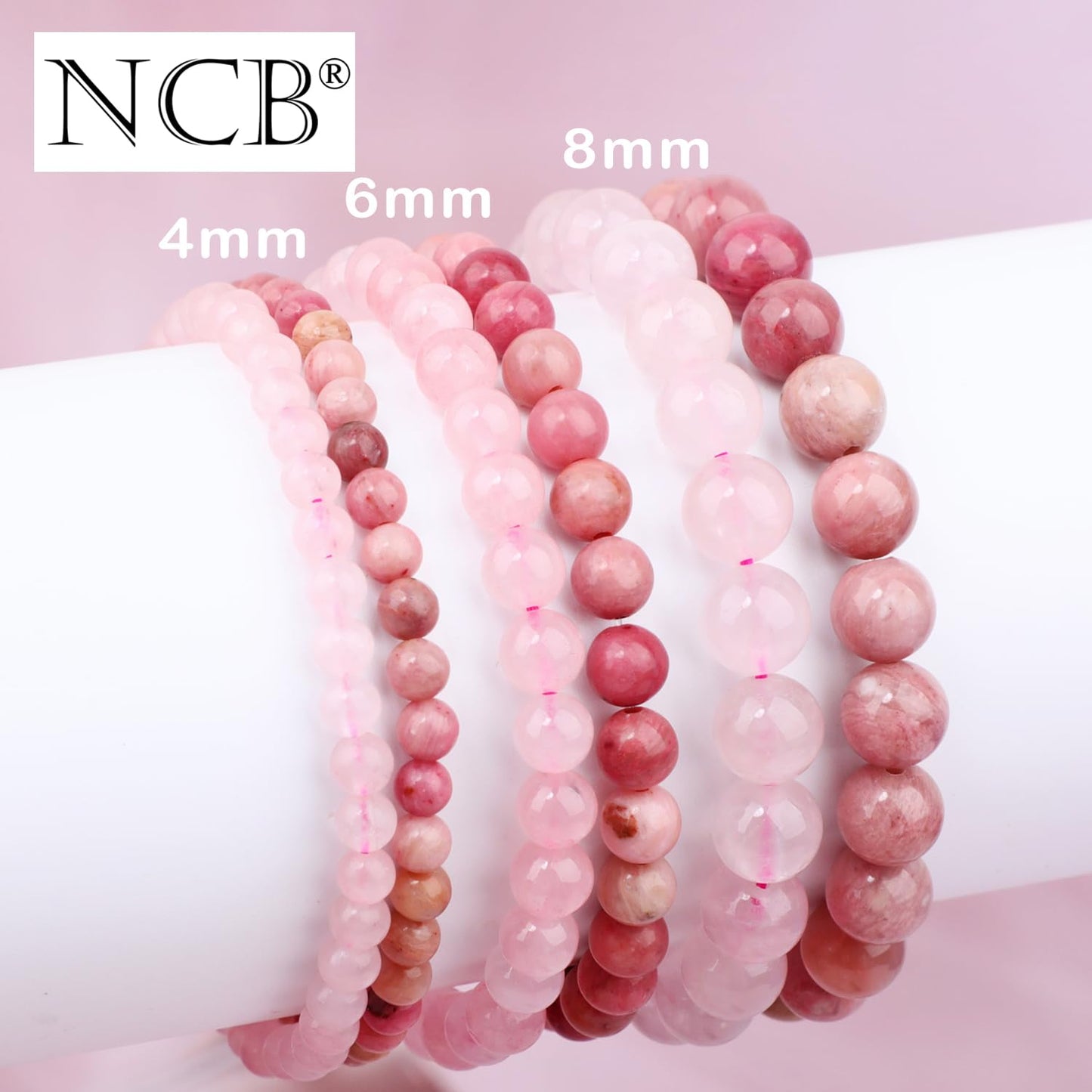NCB 2-Piece 4mm Natural Crystal Gemstone Stretch Bracelets – ﻿Pink Quartz, Rhodochrosite Handmade Reiki Energy Healing Jewelry for Meditation,Yoga, Unisex