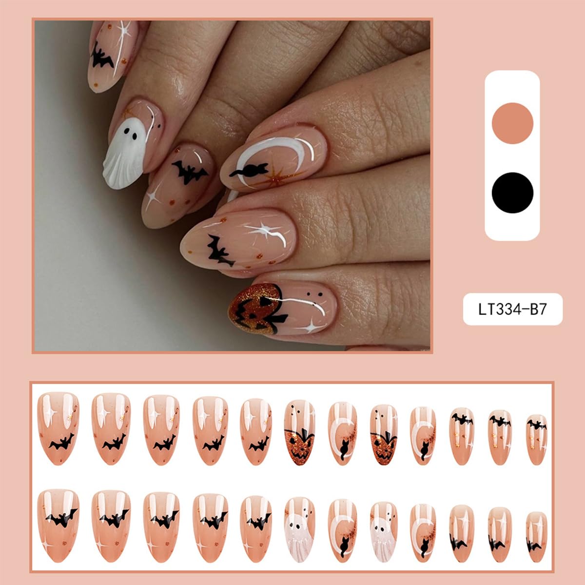 24Pcs Halloween Press on Nails Medium Almond,NEWSPIED Black Cat Bat Pumpkin Ghost Fake Nails Nude Pink Designs Glossy Full Cover False Nail Cute Artificial Halloween Glue on Nails for Women Girls
