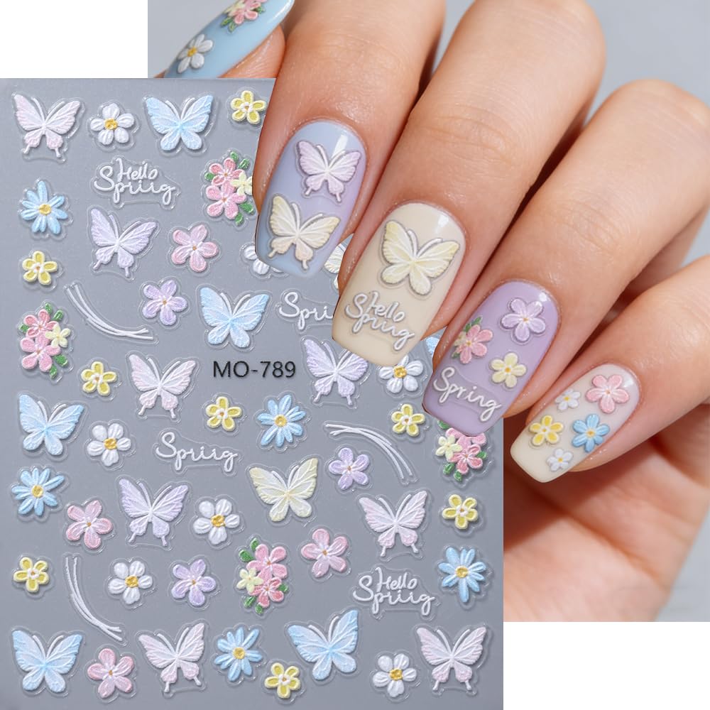 Butterfly Flower Nail Art Stickers Summer Spring 5D Embossed Nail Decals 3PCS Self-Adhesive Exquisite Floral Nail Stickers Flower Nail Art Accessories for Women Acrylic Manicure Nail Decoration DIY
