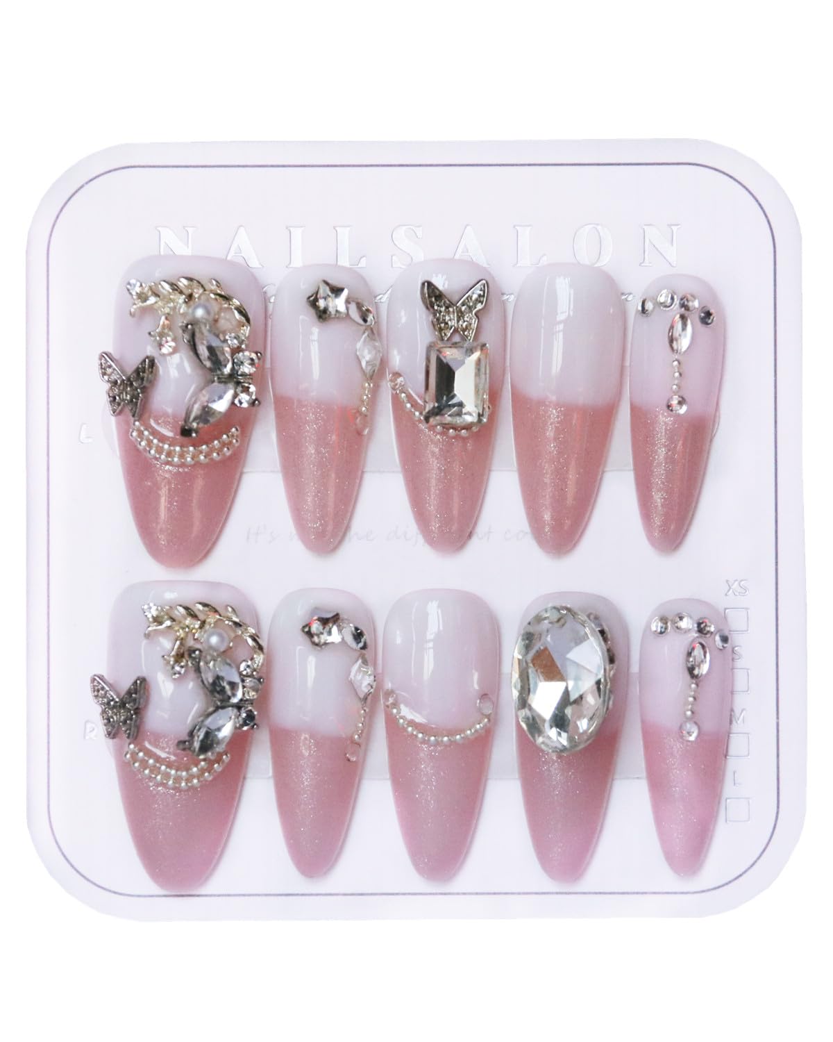 CAMILCY Press on Nails Handmade Nails Luxury Reusable Fake Nails For Girls long Almond armor pink Diamonds HandPainted Salon Loveful Design Acrylic GelUV Finished 3D Nails 10PCS (A017, M)