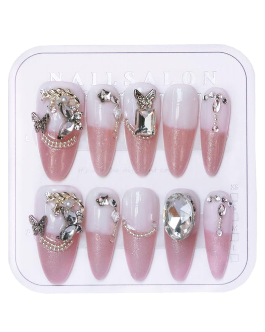 CAMILCY Press on Nails Handmade Nails Luxury Reusable Fake Nails For Girls long Almond armor pink Diamonds HandPainted Salon Loveful Design Acrylic GelUV Finished 3D Nails 10PCS (A017, M)