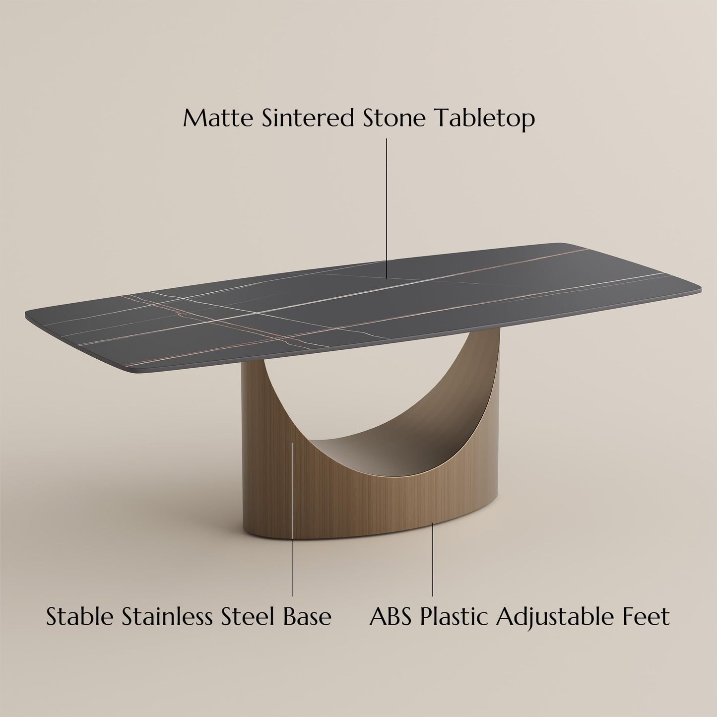 POVISON 94" Modern Dining Table for 8-10, Matte Black Dining Table, Sintered Stone Dining Tabletop with Bronze Carbon Steel Pedestal,Rectangle Dining Room Table (Table Only)