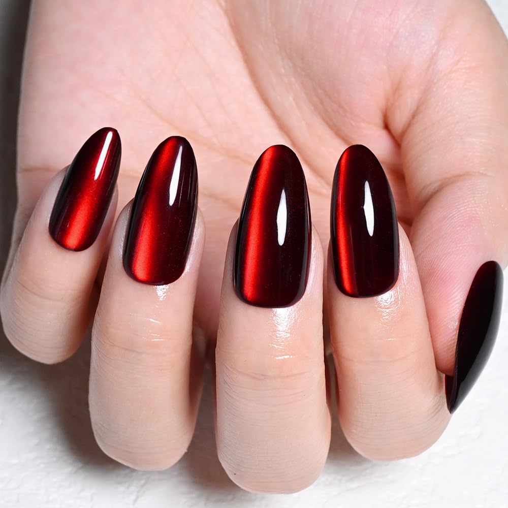 evpct Oxblood Red Cat Eye Chrome Press on Nails Almond Medium No Glue, Holographic Medium Almond Stick on Fake Nails for Women Gift, Glossy Cat Eye Effect, Perfectly Fit Salon-quality Soft False Nail