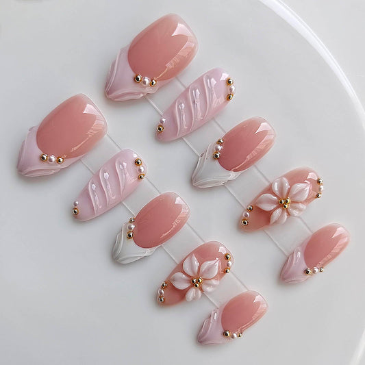 Gleamrain Almond Medium Handmade Press on Nails for Women, Handcrafted Floral Design Reusable Full Cover Fake Nail for Daily Wear Party Birthday D311