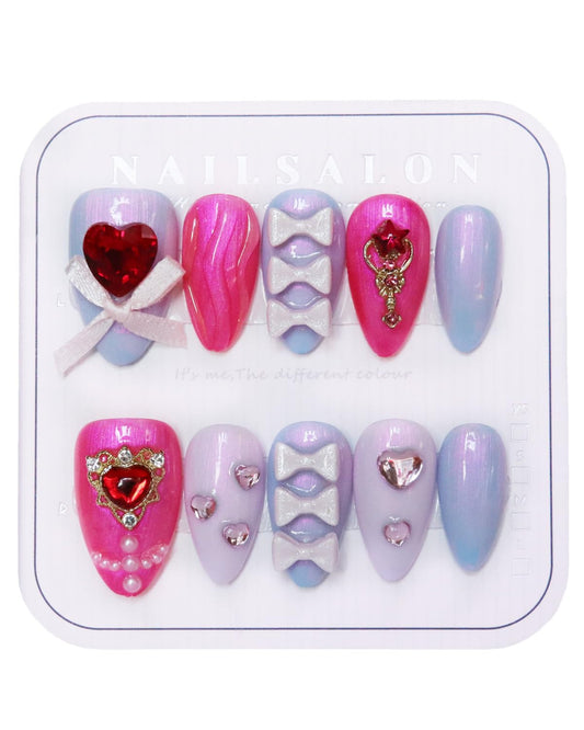 CAMILCY Handmade Nails Press on Almond Nail Pointed Green Gold Crystal Glitter Design Hand painted Reusable Gel UV Finished Pre shaped False Nails for Women 10pcs 3D Handmade Nails (A082, M)