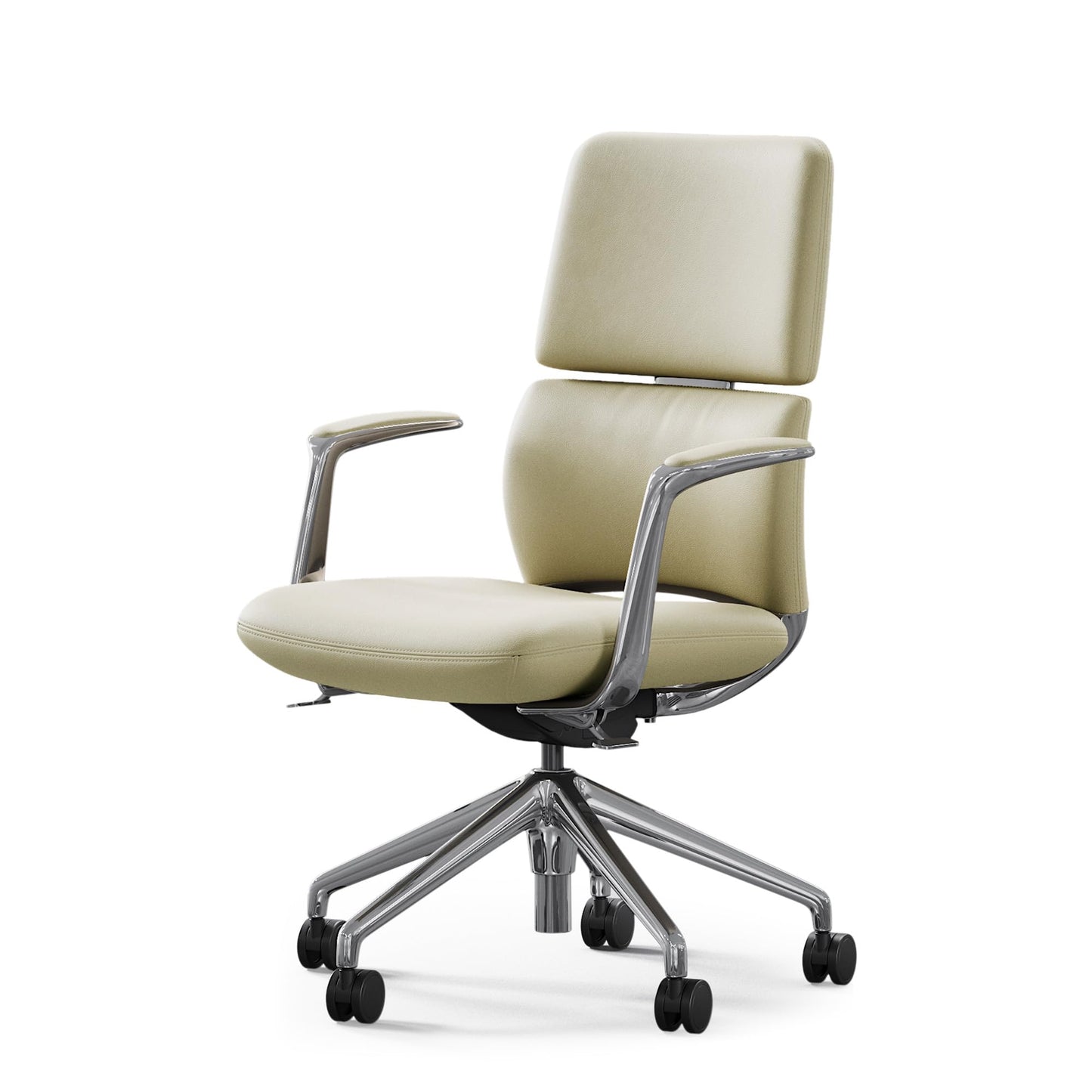 TOMU Genuine Leather Office Desk Chair with Wheels, Ergonomic Leather Executive Chair, Mid Back, Swivel Base with Adjustable Tilt, Modern Style, Luxury Aluminum Frame (Beige)