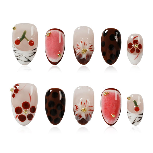 Tesytto Handmade Short Almond Press on Nails - Leopard Print & Cherry Floral Design, Coffee Dot Glossy French Tip Reusable False Nails (Leopard Cherry Fun, L)
