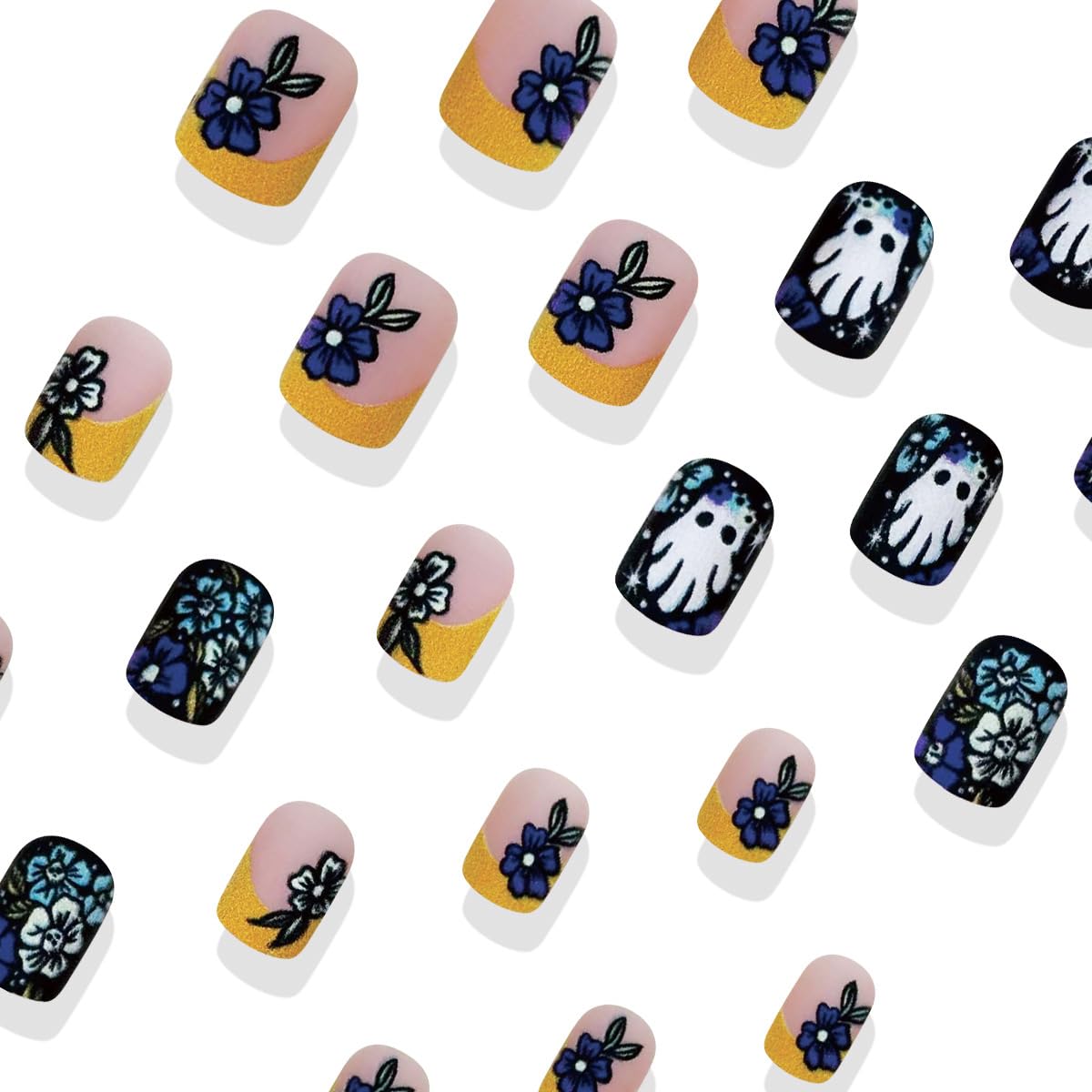 24 Pcs Halloween Press on Nails Short Square Cute Ghost Fake Nails with Skull Flower Designs Orange French Tip Glue on Nails Matte Full Cover Acrylic Nail for Women DIY Halloween Manicure