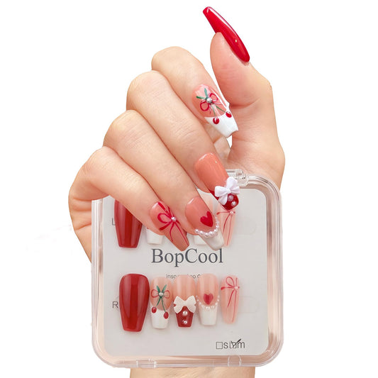 Luxury Handmade Press On Nails - Coffin 3D Bows & Cherry Pearls, French Red Reusable False Nails for Date Night & Spring Party, Salon-Grade Gel Acrylic Nail Art (M-10PCS)