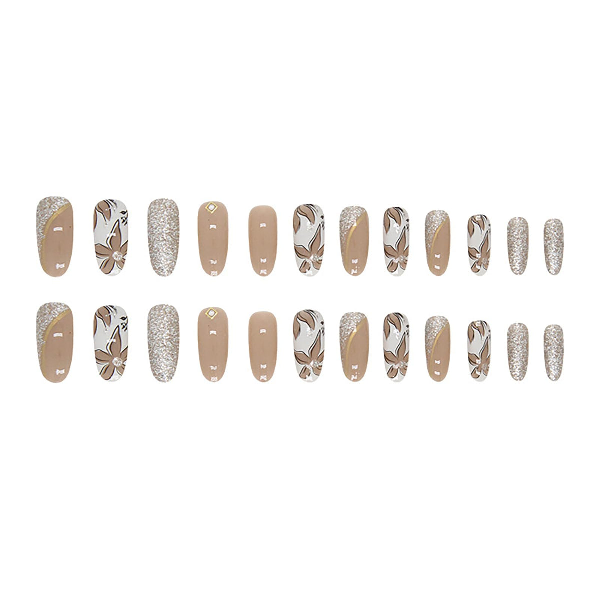 RTKHFZE Fall Press On Nails Oval Almond, Medium Fake Nails Brown Flower Stick Ons with Bling Glitter Designs, 24Pcs Autumn Nails Press Ons for Women