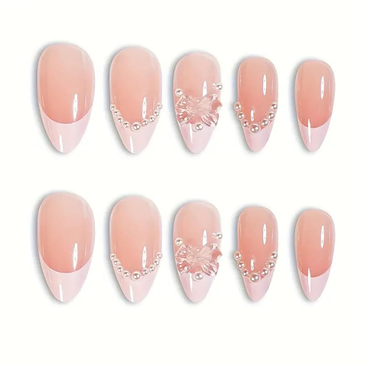 24 Pcs Medium Length Press on Nails Almond False Nails Light Pink RIICFDD French Fake Nails Bows and Pearl Nail Charms Artificial Glossy Full Cover Glamorous Stick on Nails for Women Acrylic Nails