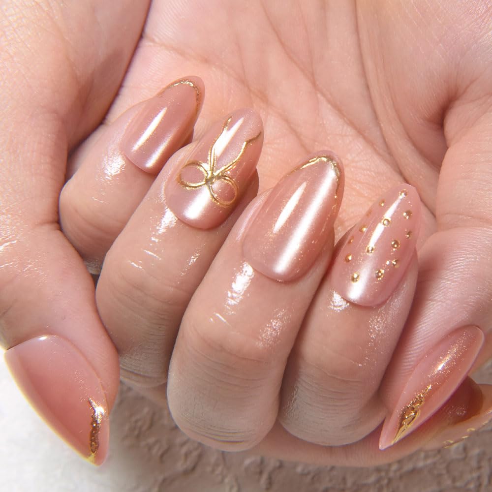 evpct Pale Nude Cat Eye Press on Nails Short Almond No Glue, 3D Gold Line Design Short Almond Stick on Nails for Women, Reusable Full Cover Soft Press on Fake Nail Perfectly Fit with 3D Bowknot Design