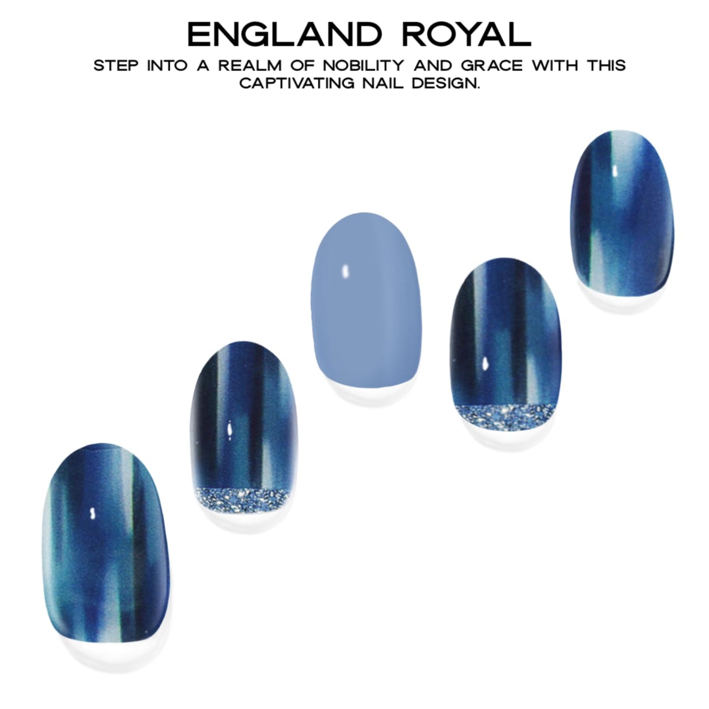 Adora Couture Semi-Cured Gel Nail Strips - 30 Salon-Quality Stickers with UV Light Required, Long Lasting, Easy Application & Removal, Includes Prep Pads, Nail File, Wooden Stick (Blue England)