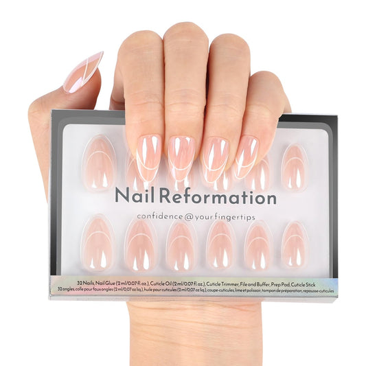 Nail Reformation Press On Nails, Minimalist | Short Almond Fake Nails in Curved French Tip on Nude Base in a Glazed Finish, Reusable Stick On Nails in 16 Sizes - 32 False Nail Kit for Women Gifts