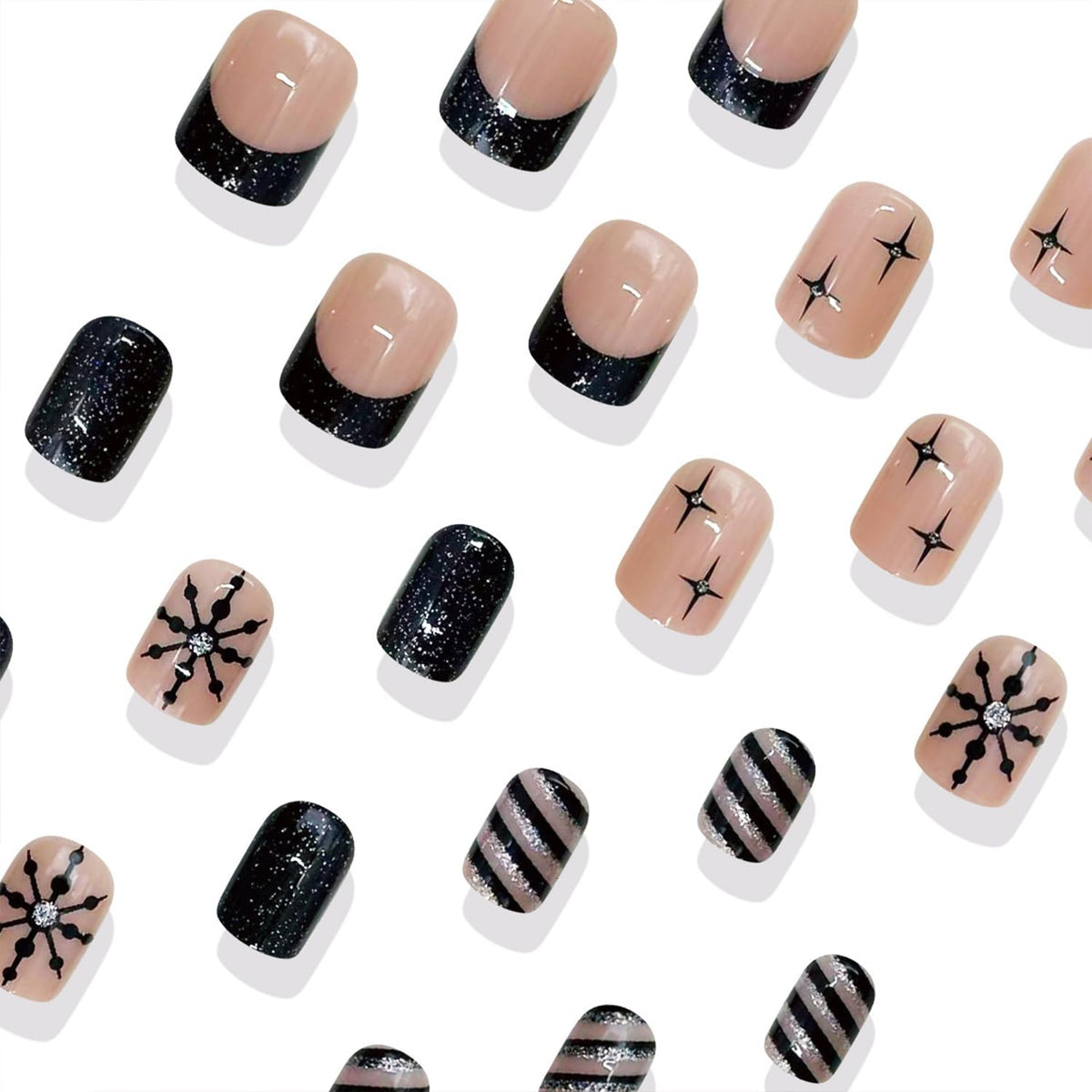 LWTZLW Christmas Press on Nails Black French Tip Short Square False Nails Rhinestones Snowflake Glue on Nail Black Glitter Design Acrylic Fake Nails Winter Artificial Glossy Nail Reusable for Women