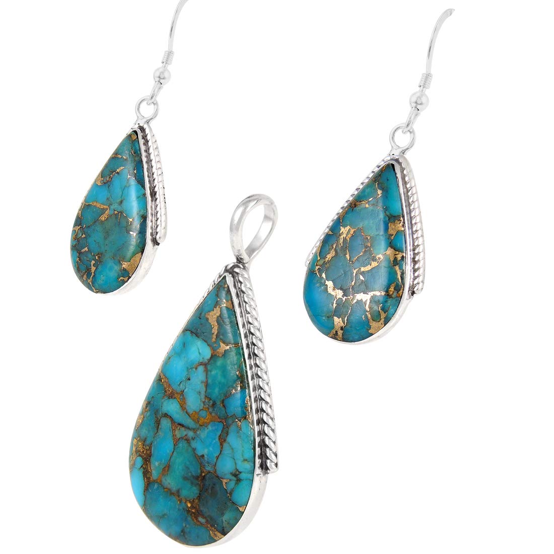 Turquoise Necklace Pendant & Earrings Set Genuine Gemstones 20" Necklace (Teal/Matrix Turquoise)