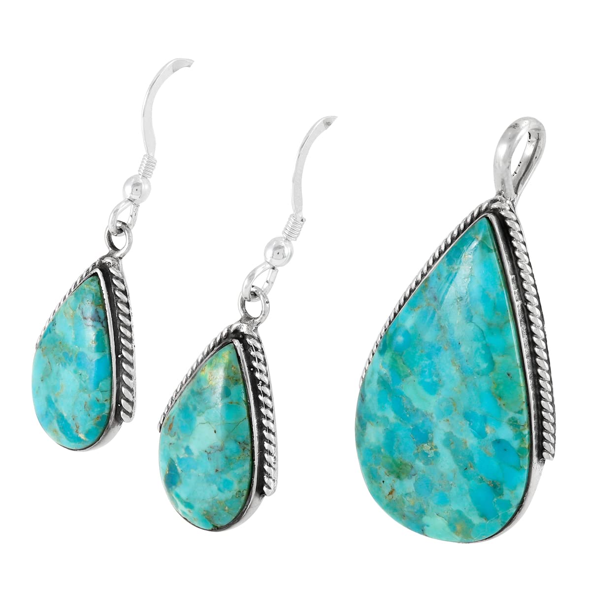Genuine Gemstones Necklace Earrings Pendant Set in 925 Sterling Silver (24" Length) (Turquoise)