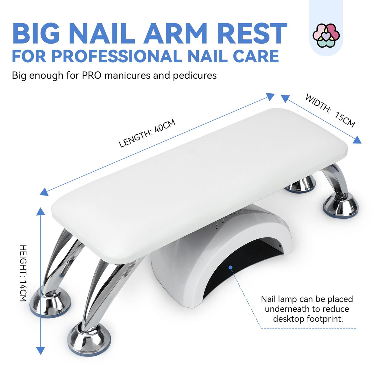 SAVILAND Arm Rest for Nails Tech Professional: 15.7" Full-Length Nail Arm Rest for White Super-Comfort Big Nail Arm Rest with Microfiber Leather Mat Height Hand Pillow Cushion Nail Salon Manicure